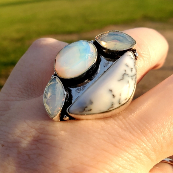New Dendritic Opal and Milky Fire Opal 925 Silver Ring. - Picture 9 of 16
